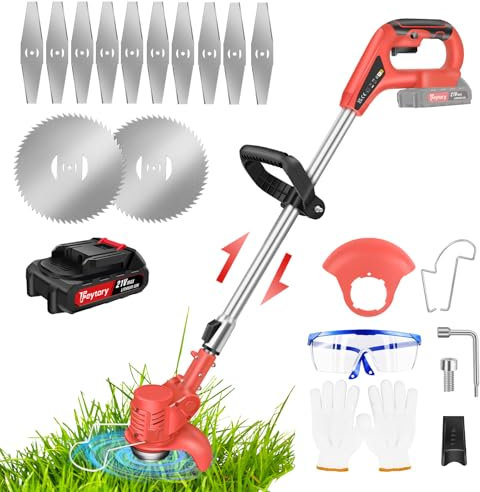 Garden Strimmer Cordless, Electric Grass Trimmer with 1.5Ah Battery & Charger, 2 Types Blades, 90° Head Rotation, Lightweight Battery Strimmer Height Adjustable Metal Blade Strimmer for Gardens Lawns