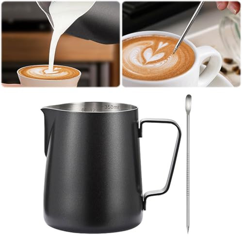 Jarra de espuma de leche de 350 ml/600 ml, jarra de vapor de acero inoxidable para leche/café/capuchino/latte art barista, jarra de leche con bolígrafo artístico (negro, 350 ml)