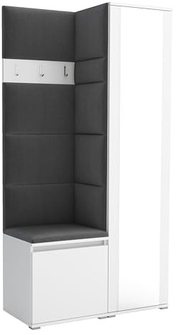 Brent - Garderobenschrank Flur Weiß mit sitzbank 95 cm Breit Luton 6 - Multifunktionale Flurgarderobe Set mit Stauraum und Wandpaneel, Garderobe mit Sitzfläche und Kleiderhaken