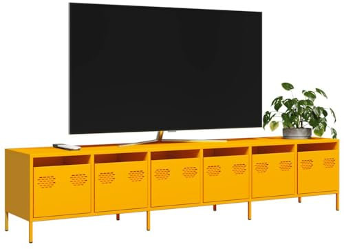 Homgoday Meuble TV jaune moutarde 202 x 39 x 43,5 cm en acier laminé à froid, meuble TV meuble bas pour TV pour table de salon industriel, support TV salon M-3307152