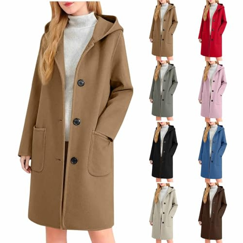 Générique Manteau Femme Hiver Chaud Long à Capuche Boutonné avec Poches Élégant Décontracté Coupe Ajustée coupe-vent Veste Longue pour Quotidien et Extérieur