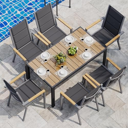 JUMMICO Gartenmöbel Set Terrassen Set Aluminium Gestell mit Holzoptik PS Tischplatte Komfortabler Hochlehner Einfach Montiert,6 Personen Set