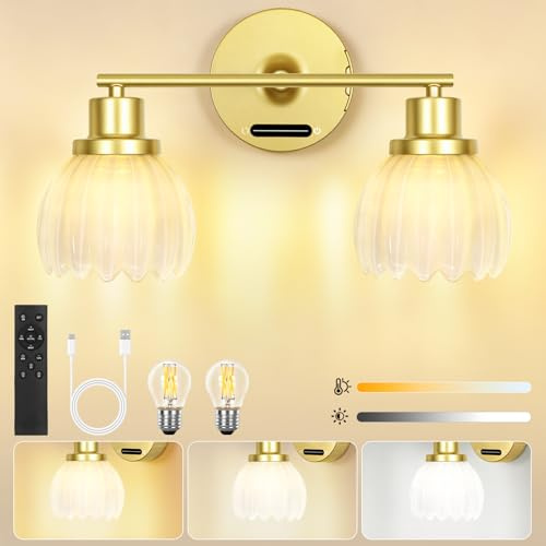 OUTON 2 Light Bathroom Wall Lights, Rechargeable Battery Operated Wall Sconce with White Tulip Glass Lampshade, Remote, Touch Control, Dimmable, 8000mAh Battery, Wall Lamp for Mirror Living Room
