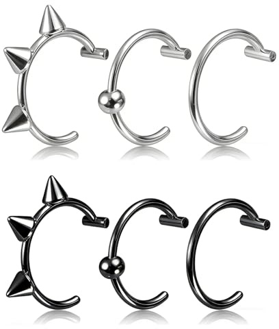 lokxmve 6 Stück Nasenpiercing Ring Lippenpiercing Ring Unisex Smiley Piercing Ring Chirurgenstahl Fake Nasenring Hypoallergen Fake Piercing Nase Fake Septum Clip On Nasenring Schmuck(Silber,Schwarz)
