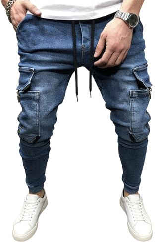Herrjeans Slim Fit Herr Multi Cargo Jeans Slim Fit Jogger Dragsko Avsmalnande Denimbyxor Blå Stor