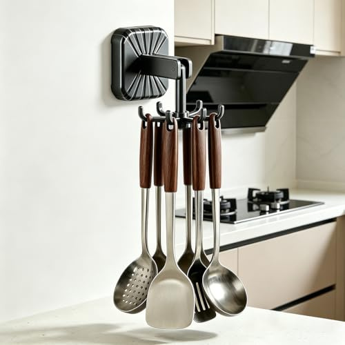 Suction Cup Rack - Kitchen Utensil Holder, 360° Rotating 6-Hook Hanger, No Drilling Wall Mounted & Under Cabinet Organiser for Spatula Spoon, Heavy Duty Traceless, Kitchen, Bathroom, Cooking Utensils