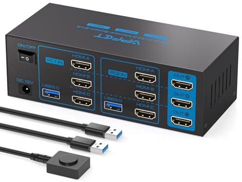 AILVLVNG 4K60Hz HDMI KVM Switch 3 Monitors 2 Computers USB 3.0 KVM Switches for 2 Computers Share 3 Monitors and 4 USB Devices with DC 12V/1A Power Adapter and Wired Controller