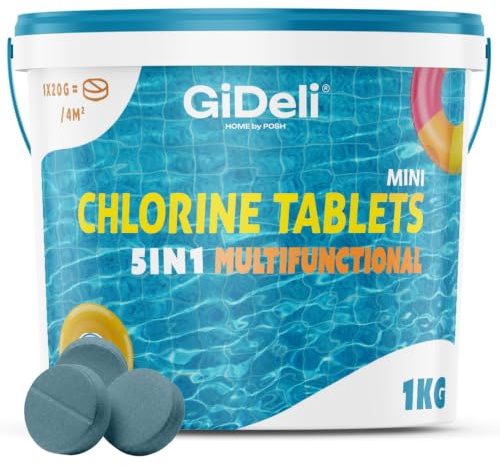 GiDeli Mini Galets de Chlore Piscine Multifonction 1kg - Tablettes Longue Durée 4-en-1 - Anti-Algues, Stabilisé UV, Floculation - Petites Piscines Hors-Sol, Tubulaires et Gonflables