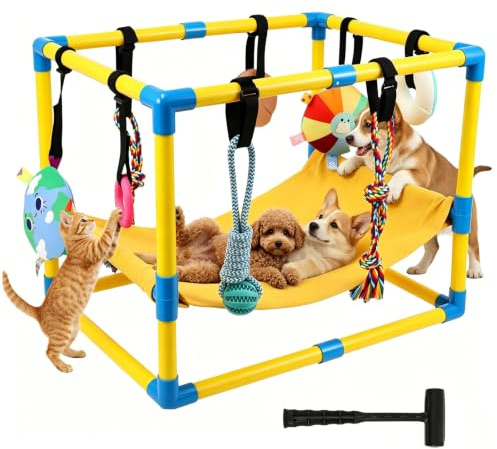 Haoppmof Lekområde för valpar med 8 leksaker, lekplats i djungelstil, lekområde för hund med PVC-ram, träningsstudio för små hundar, hängsmycke för underhållning för träning och