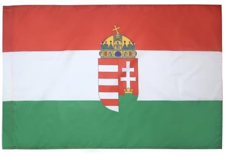 AZ FLAG Flagge Ungarn mit Waffen 150x90 cm Polyester 100D Hohlsaum | Für innen und außen Ungarische dekorative Flagge doppelte Nähte und verstärkte Kanten mit Masttunnel 100D Polyester
