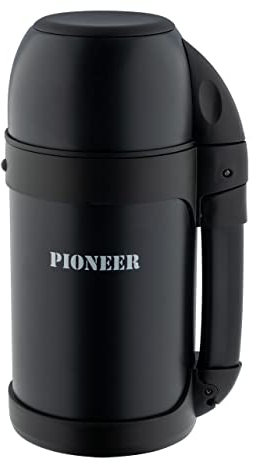 Pioneer Outdoor Vacuum Insulated Flask, Leakproof Double Walled Stainless Steel 8 Hours Hot or Cold with Extendable Handle, Strap and Mug - Black, 1 Litre