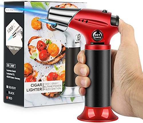 Blow Torch, Home-Grade Kitchen Cooking Torch with Lock Adjustable Flame Refillable Mini Blow Torch Lighter for BBQ, Baking, Brulee Creme,Light Cooking Tasks,DIY Soldering (Butane Gas Excluded)