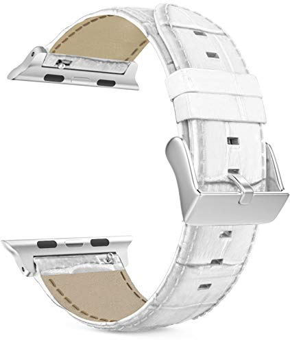 Bracelet Cuir Apple Watch 42mm/41mm, Motif Croco, Boucle à Broche, Blanc | MaKTech, Bracelet Classique et Doux, pour Apple Watch Series 11/10 42mm, 9/8/7 41mm, SE 3/2/1 40mm