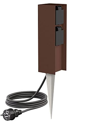 ledscom.de Columna de Enchufe para jardín POMI con Pica de Tierra y 2m de Cable para Exterior, IP44, 2 Veces, marrón, Angular, 23cm