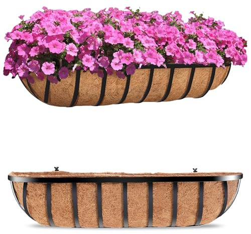 HFHOME 2 Stück Blumenkästen Balkon mit Kokoseinlage, Balkonkasten zum Einhängen, Wandtrog Pflanzgefäß mit Coco Liner, Blumentopf, Ideal zum Bepflanzen von Balkon, Garten (61cm×18cm×12cm