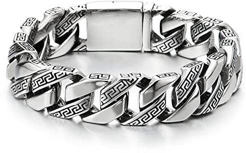 COOLSTEELANDBEYOND Top-Qualität Panzerkette Herren Armband Edelstahl mit Griechischen Schlüsselmuster, Hochglanz Poliert Farbe Silber
