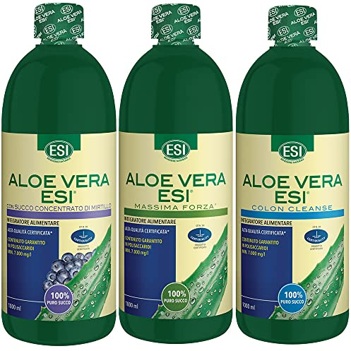 ESI - Succo Aloe Vera 3 confezioni da 1000 ml [Massima Forza + Colon Cleanse + Mirtillo]