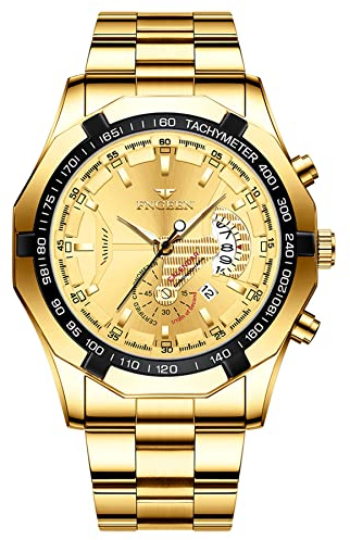 JewelryWe Herrenuhr Edelstahl Quarz Analog Armbanduhr 30M Wasserdicht Business Causual Uhr mit Datum Kalender und Leuchtend Zeiger Vatertagsgeschenk, Gold