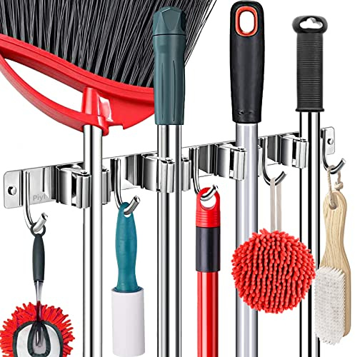 Piyl Support mural pour balai, rangement d'outils de jardin, garage, cuisine, buanderie avec 5 clips et 6 crochets - Support mural en métal pour balai, râteau, manches de balai jusqu'à 1,9 cm
