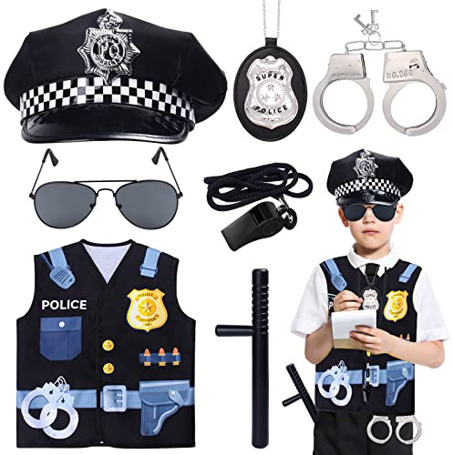 Keymall Kids Police Costume Set-7 Pcs Police Officer Dress Up for boys-Hat,Vest, Badge,Whistle,Sunglasses,Handcuff,Baton (Set B)