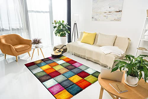 Mia´s Teppiche Stone Wohnzimmer Teppich Hand Carved, Kurzflor, Farbenfroh, Bunt, Blau, Rot, Braun, Grün, Grau, Kariert, 160 x 230 cm