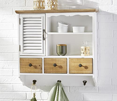 Dekoleidenschaft Hängeschrank White Cottage im Landhausstil aus Holz, weiß, im Shabby Look, 1 Tür & 3 Schubladen + 3 Haken, Wandschrank, Hängeschränkchen, Küchenschrank Badschrank