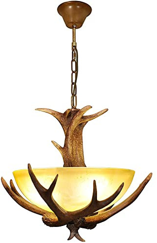 TPMAFF Geweih-Kronleuchter, 3-Licht-Kunstharz-Hirschhorn-Hängelampe, 42 cm Glas-Kronleuchter mit umgekehrter Schüssel, Pendelleuchten für Esszimmer-Küchen-Veranda-Deckenbeleuchtung