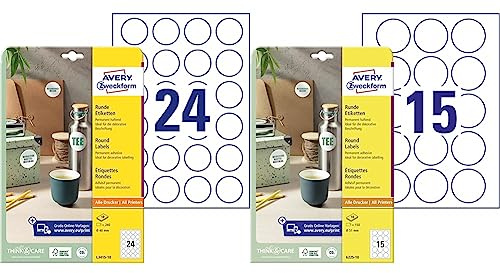 AVERY Zweckform Runde Etiketten L3415-10 (240 Aufkleber auf 10 Blatt, zum Bedrucken, selbstklebend, Ø 40 mm, A4) weiß & 6225-10 Runde Etiketten (150 Klebepunkte, Ø51mm auf A4) 10 Blatt, weiß