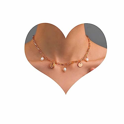 Cimenexe Bohème Muschel Perlenkette Gold Kaurimuschel Anhänger Halskette Perlenmünze Choker Halskette Disc Büroklammer Gliederkette Halskette Schmuck Für Frauen Und Mädchen