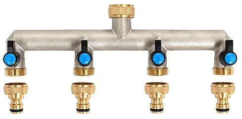 4-Wege Wasserhahn Wasserverteiler aus Messing für 4 Geräte/Gartenschläuche, 4er Verteiler 3/4 Adapter 1/2 mit Kugelhahn zum Einstellen und Absperren des Wasserflusses
