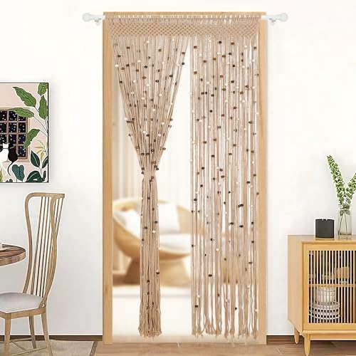 BECHAEO Cortina de Cuentas de macramé, Hecha a Mano, de algodón, para Puerta, Ventana, Cuentas de Madera, Colgante, Hippie, Divisor de habitación, Armario, Dormitorio, decoración de privacidad, 1