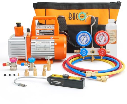 BACOENG Juego de Bomba de vacío y manómetro de CA de 4 CFM, Kit de Bomba de vacío HVAC con Detector de Fugas para refrigerantes R134a R410a R12 R22, con Grifo de Lata y acopladores rápidos