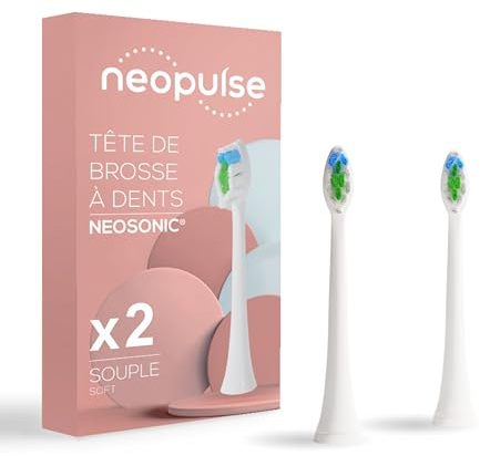 NEOPULSE® - Lot de 2 Recharges de Têtes de Brosse Souples Blanches en Nylon pour Brosse à Dents Électrique Sonique NEOSONIC® - Compatible NEOKIDS® - 3D : Brins courts et longs - Indicateur d'Usure