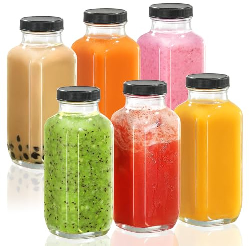 6 Stück 473 ml Trinkflasche Glas mit Deckel, Saftflaschen zum Befüllen Glas mit Schwarzem Deckel, Wiederverwendbare Flaschen zum Befüllen, Quadratische Glasflaschen zum Befüllen für Reisen,Tee,Wasser