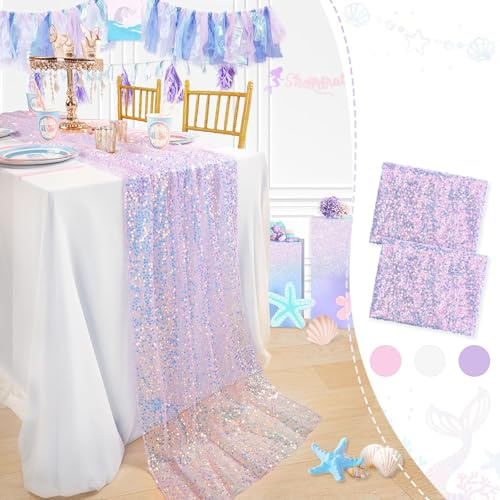 2 Stück Meerjungfrau Geburtstag Deko Tischläufer Pailletten Lila Tischdeko für Geburtstag Hochzeit Party Weihnachten Ostern 63 x 300 cm