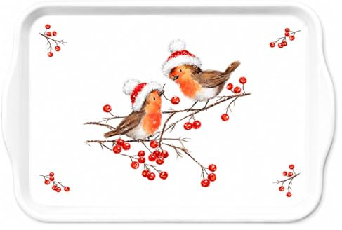Ambiente Tablett Serviertablett Dekotablett klein 13x21 cm Zweige Beeren und Vögel Winter Weihnachten Serie Christmas Robins
