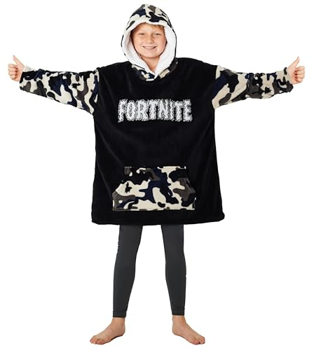 FORTNITE Filt huvtröja för pojkar och tonåringar, 14+ bärbar filt, fleece, extra lång, one size