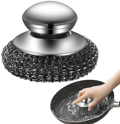 Stahlwolle-Schrubber, Edelstahl-Scheuerschwamm mit Griff, robuste Topf-Scheuerbürste, abnehmbare robuste Spülbürste, Topfschrubber, Metall-Topfreiniger für die Reinigung von Küchentöpfen, Pfannen,