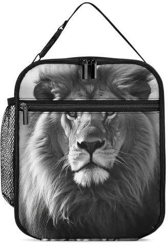 Lunchtasche mit afrikanischem Löwen, wiederverwendbar, für Damen und Herren, tragbar, isoliert, auslaufsicher, mit Reißverschluss, Schwarz und Weiß