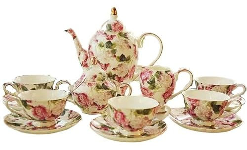 Juego de tazas de café expreso de porcelana, juego de taza y platillo, juego de 15 juegos de té de porcelana, juegos de tazas de café de porcelana de hueso, servicio de té de boda con flores de rosas