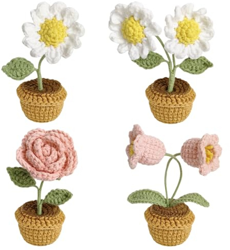 Magicherry Häkelblumen, klein, gestrickt, Gänseblümchen, Rosen, Maiglöckchen, künstliche Wollgarn, Blumen für Auto, Armaturenbrett, Zuhause, Büro, Tisch, Dekoration, Farbe #B, 4 Stück
