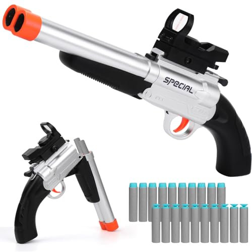 Kufanda Spielzeug Pistole, Spielzeugpistole Doppelläufige Eva Schaumstoff Blaster Gun Schrotflinte für Drinnen und Draußen,Kinder Geburtstags für Kindergeschenke und Erwachsene ab 8 Jahren (Silber)