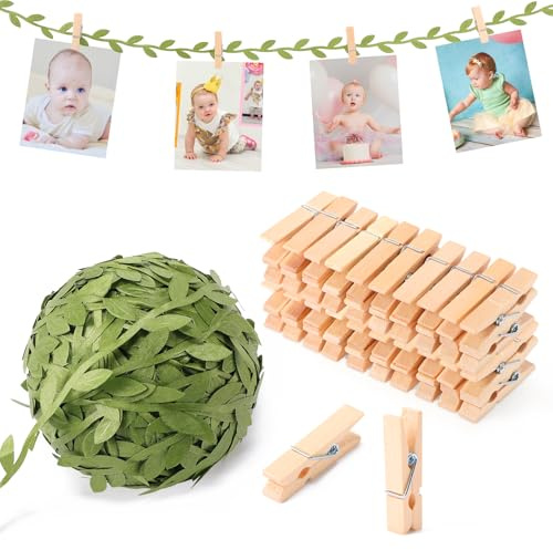 Leinuosen 51 Pcs 1.35 Inch Mini Clothespins with Leaf Ribbon for Photo, Artificial Vines Leaves Line and Wood Picture Clips Craft for Wild Jungle Baby Shower Birthday Party Decor (33 ft,Green)