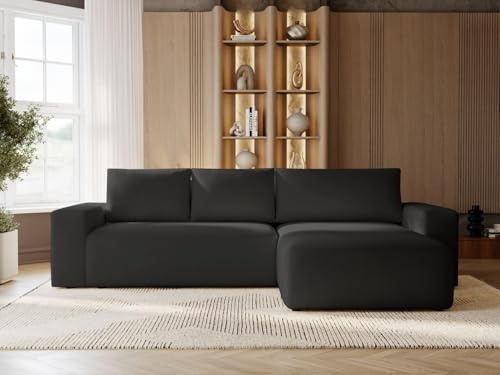 GRAINGOLD Tazones Ecksofa mit Schlaffunktion & Bettkasten 250x165 cm, L-Form Sofa mit Stauraum, Schlafcouch für Wohnzimmer, Velour, 3-Sitzer Eckcouch, Modernes Design (Schwarz, Rechts)