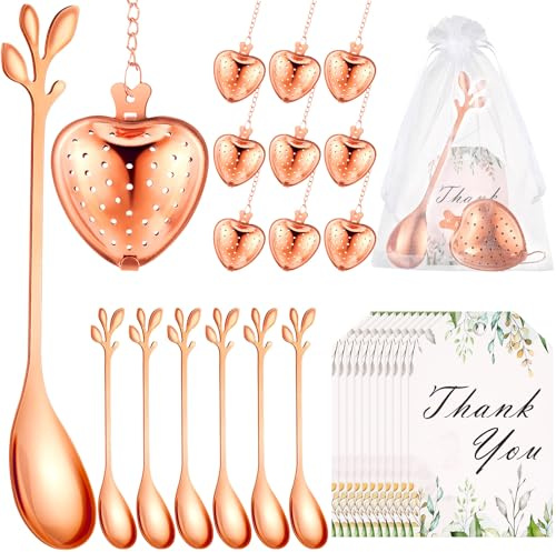Yiyiring 25 Sets Bridal Shower Tea Party Favor for Guest Leaf Tea Spoon Heart Shape Infuser Ball for Loose with Thank You Card Organza Bag Wedding Souvenir Gift(Rose Gold)