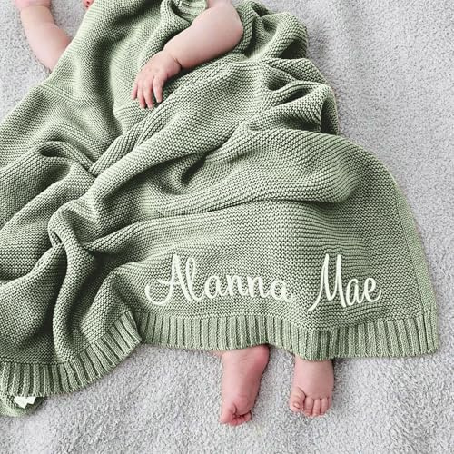 Generisch Individuelle Handgefertigte Strickdecke Aus Baumwolle, Personalisiert Bestickter Babydecke Mit Namen Baby Junge, Mädchen, Weiche Decke, Babyparty, Atmungsaktive Kinderwagendecke, 80x100cm