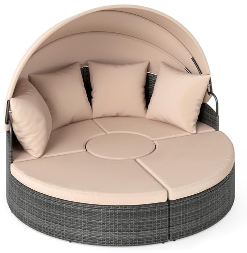 GIANTEX Sonneninsel Liegeinsel mit faltbarem Sonnendach & Tisch, Rattan Lounge Gartenmuschel Outdoor, Sonnenliege Gartenliege Set rund φ172 cm, Gartenlounge inkl. Kissen (Beige)