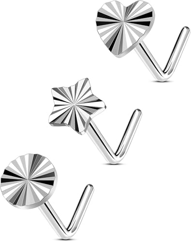 OUFER 3 Stück Nasenstecker L-Form Chirurgenstahl 316L Nasenpiercing Herz Stern Rund 20G Silber Nostril Piercing Schmuck 7mm Nose Nasen Piercing Stecker für Frauen