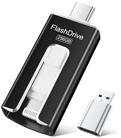 SUDEHO Clé USB-C 256 Go, Clé USB pour iPhone, MFi Certifiée (Noir) | Design 3 en 1 pour iOS, iPad, USB-C, Android et PC. Transfert haute vitesse de photos, vidéos et fichiers.