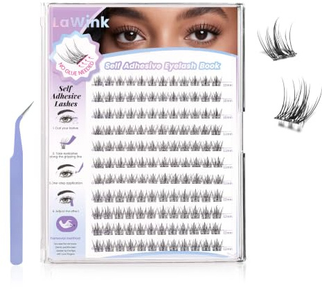 LAWINK 132pcs cils pré-collés 10mm 11mm 12mm cils auto-adhésifs faux cil autoadhésif cil Style naturel sans colle avec une pince à épiler